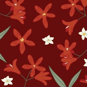 Large Ditsy Australian Native Christmas Bush Florals with Ox Blood Organ Red  Background