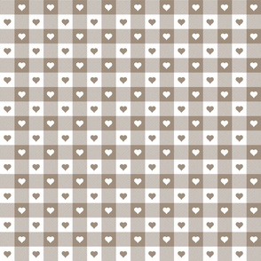 Mushroom and White Gingham Valentines Check with Center Heart Medallions in Mushroom and White