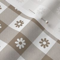Mushroom  and White Gingham Floral Check with Center Floral Medallions in Mushroom and White