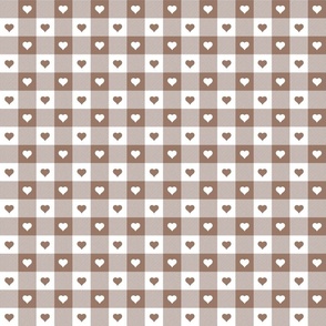 Mocha and White Gingham Valentines Check with Center Heart Medallions in Mushroom and White