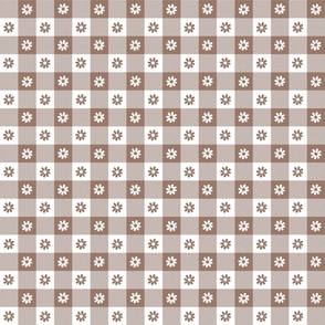 Mocha  and White Gingham Floral Check with Center Floral Medallions in Mocha and White