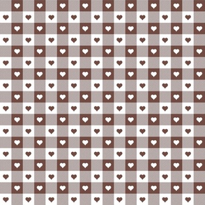 Cinnamon and White Gingham Valentines Check with Center Heart Medallions in Cinnamon and White