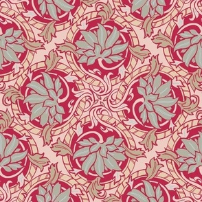 Elegant victorian tile inspired allover pattern in Pantone Viva Magenta palette