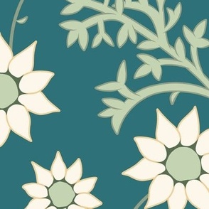 Large Arts and Crafts Australian Native Flannel Flowers with Whaling Waters Teal Background