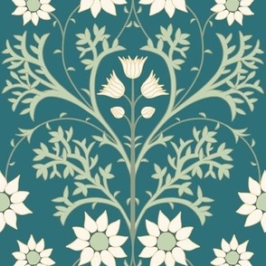 Medium Arts and Crafts Australian Native Flannel Flowers with Whaling Waters Teal Background