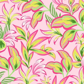 Bright Bold Tropical Leaves - Pink Base
