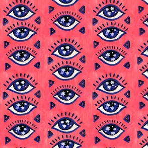 Glossy evil eyes from the Night of Fairytale in violet on vivid peach pink background Medium scale