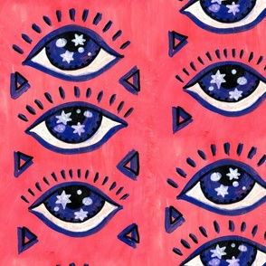 Glossy evil eyes from the Night of Fairytale in violet on vivid peach pink background Large scale