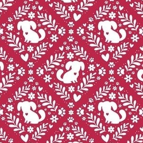 Small Scale Dog Floral Damask White on Viva Magenta