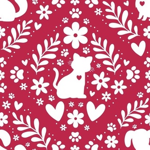 Large Scale Cat and Dog Floral Damask White on Viva Magenta