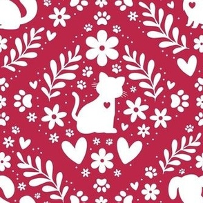 Medium Scale Cat and Dog Floral Damask White on Viva Magenta