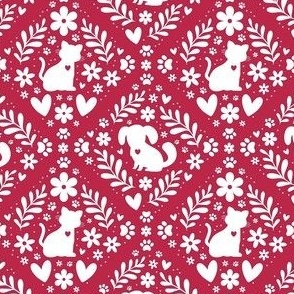Small Scale Cat and Dog Floral Damask White on Viva Magenta