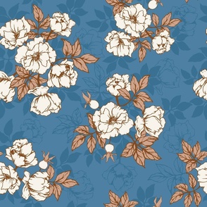 Hand Drawn Rose Arrangements on a Blue Background, LARGER