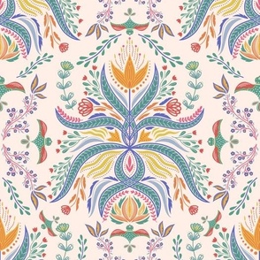 Floral Folk Fable - teal, periwinkle, coral, goldenrod yellow on light peach