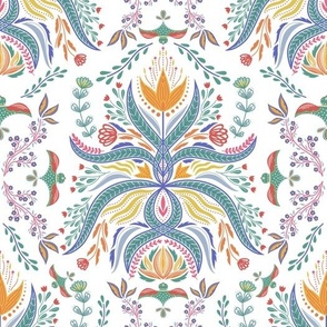 Floral Folk Fable - teal, periwinkle, coral, goldenrod yellow on white
