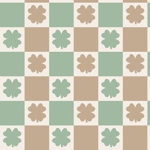 St Patricks Day Boho Checkerboard with Four Leaf Clovers, Green and Brown