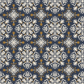 Stylized Flowers in symmetry on the blue background.