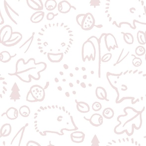 Woodland Nursery Wallpaper - Hedgehogs and Blueberries Pale Pink Large Scale