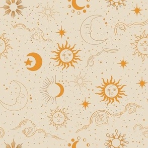 astrological seamless  yellow pattern with sun, moon and stars