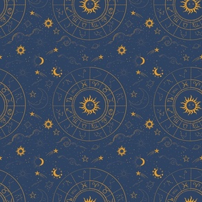 astrological blue and yellow seamless pattern with constellations planets and stars horoscope
