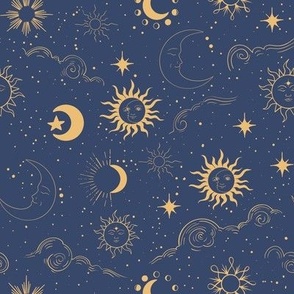 astrological seamless blue and yellow pattern with sun, moon and stars