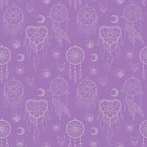 dreamcatcher esoteric seamless purple pattern  interconnected circles, adorned with feathers and beads