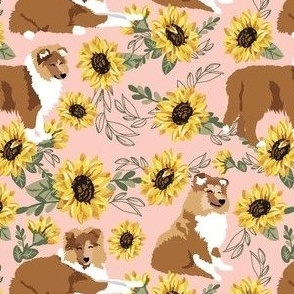 Collie Puppy Dog yellow sunflowers with pink cute puppy small scale dog fabric