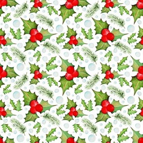 Holly and Snowflakes on white bg