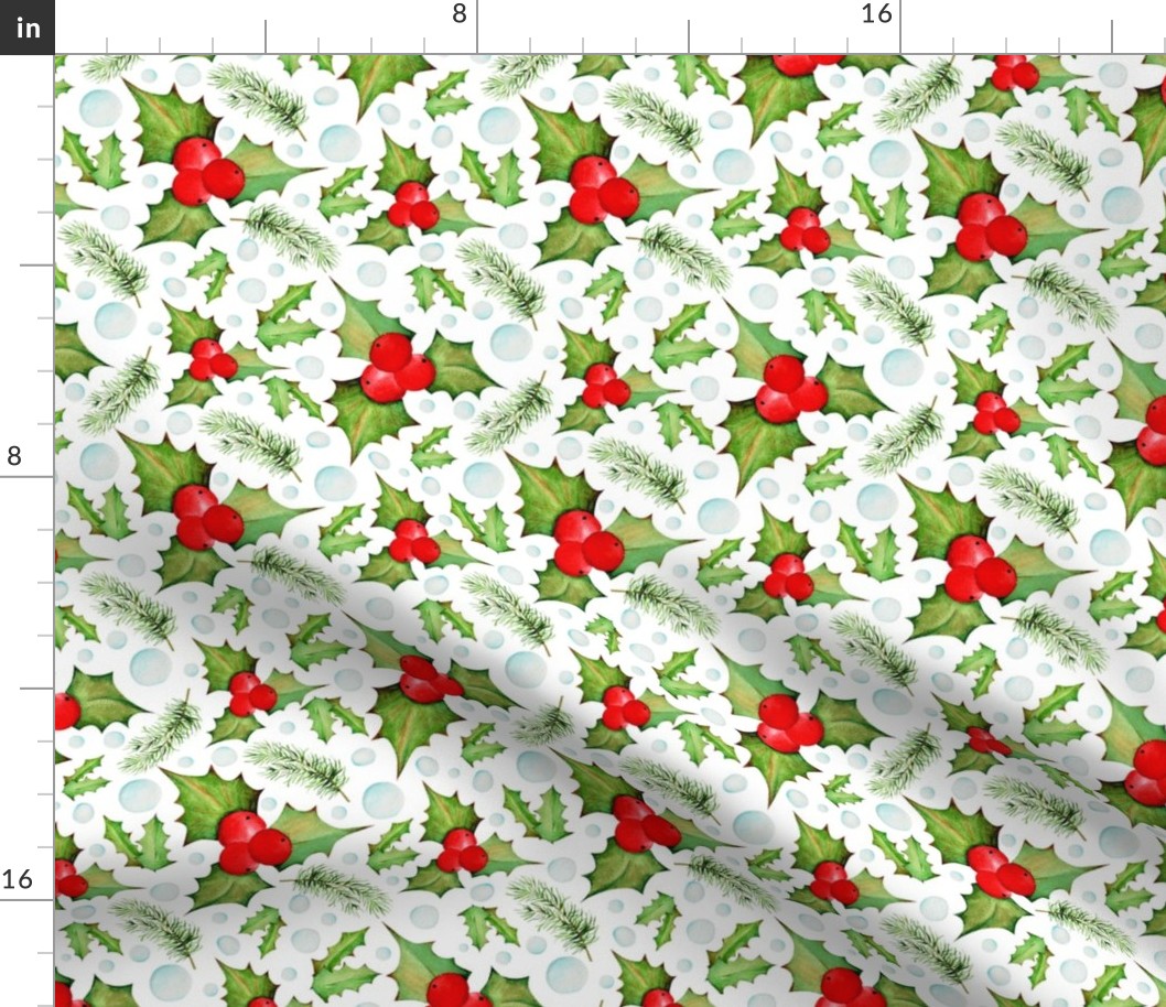 Holly and Snowflakes on white bg
