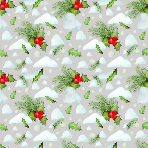 Holly and Snowflakes on grey bg