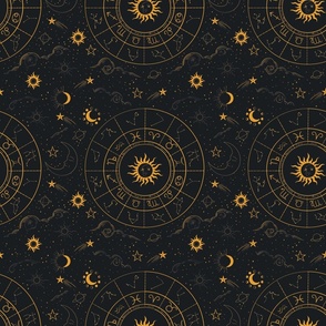 astrological black and yellow seamless pattern with constellations planets and stars