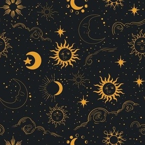 astrological seamless black and yellow pattern with sun, moon and stars