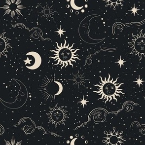 astrological seamless black and white pattern with sun, moon and stars