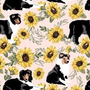 Tri-color Collie Puppy Dog yellow Sunflowers