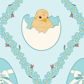 Large  Easter Spring Baby Chicks in Eggs with Forget Me Nots Diamonds in Pastel Blue Background