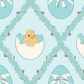 Medium  Easter Spring Baby Chicks in Eggs with Forget Me Nots Diamonds in Pastel Blue Background