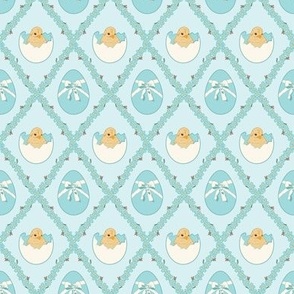 Mini  Easter Spring Baby Chicks in Eggs with Forget Me Nots Diamonds in Pastel Blue Background