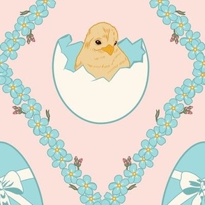 Large Easter Spring Baby Chicks in Eggs with Forget Me Nots Diamonds in Pastel Pink Background