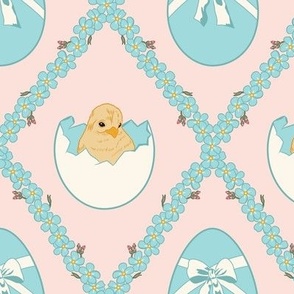 Medium Easter Spring Baby Chicks in Eggs with Forget Me Nots Diamonds in Pastel Pink Background 