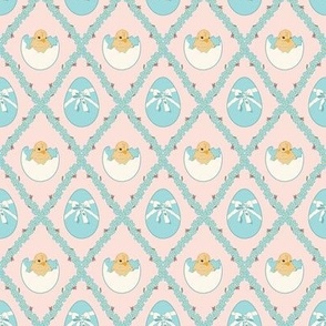 Mini Easter Spring Baby Chicks in Eggs with Forget Me Nots Diamonds in Pastel Pink Background 