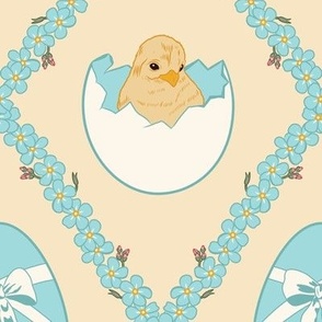 Large Easter Spring Baby Chicks in Eggs with Forget Me Nots Diamonds in Pastel Yellow Background