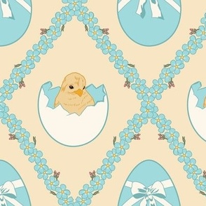 Medium Easter Spring Baby Chicks in Eggs with Forget Me Nots Diamonds in Pastel Yellow Background