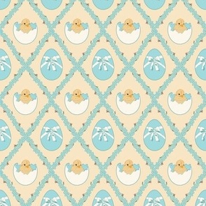 Mini Easter Spring Baby Chicks in Eggs with Forget Me Nots Diamonds in Pastel Yellow Background