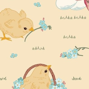 Large Easter Spring Baby Chicks with Forget Me Nots and Lily of The Valley Flowers in Lemon Meringue Yellow Background