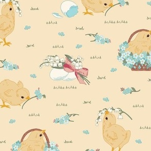 Medium Easter Spring Baby Chicks with Forget Me Nots and Lily of The Valley Flowers in Lemon Meringue Yellow Background