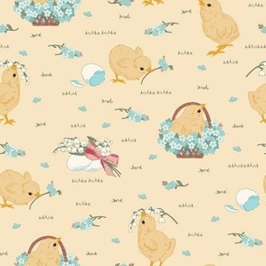 Small Easter Spring Baby Chicks with Forget Me Nots and Lily of The Valley Flowers in Lemon Meringue Yellow Background