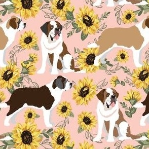 St Bernard Dog Sunflower small print pink and yellow