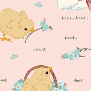 Large Easter Spring Baby Chicks with Forget Me Nots and Lily of The Valley Flowers in Pale Pink Background