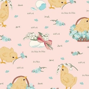 Medium Easter Spring Baby Chicks with Forget Me Nots and Lily of The Valley Flowers in Pale Pink Background