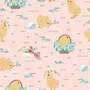 Small Easter Spring Baby Chicks with Forget Me Nots and Lily of The Valley Flowers in Pale Pink Background